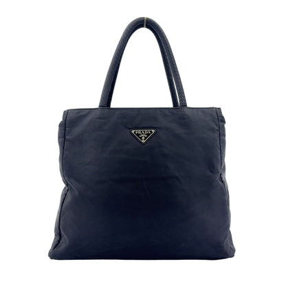 Prada Triangle Logo Nylon Black Tote Silver