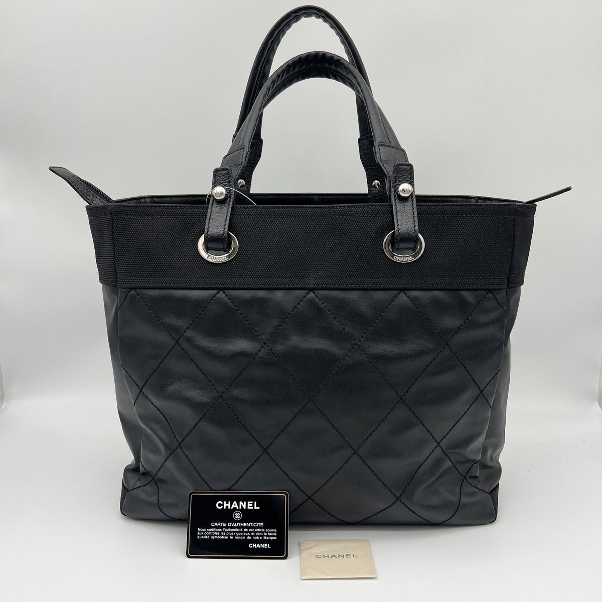 Chanel Paris Biarritz Tote MM 2-Way Nylon Leather Black Silver