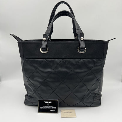Chanel Paris Biarritz Tote MM 2-Way Nylon Leather Black Silver