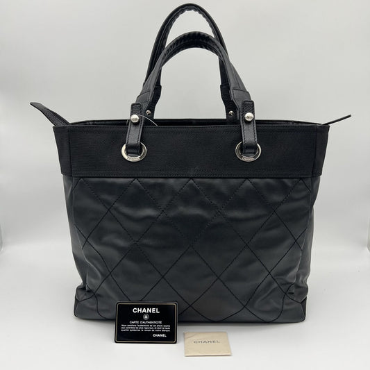 Chanel Paris Biarritz Tote MM 2-Way Nylon Leather Black Silver