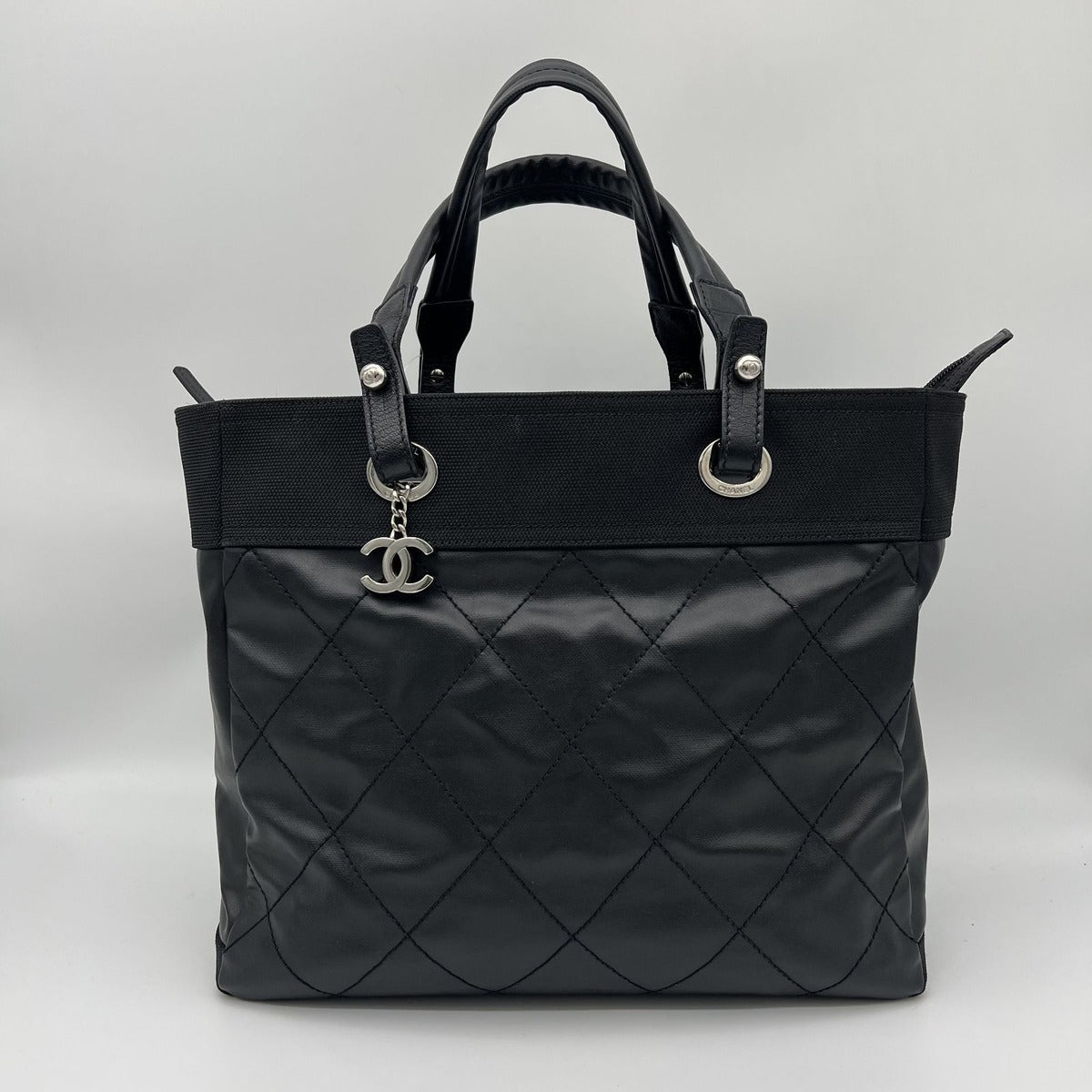 Chanel Paris Biarritz Tote MM 2-Way Nylon Leather Black Silver — view 2