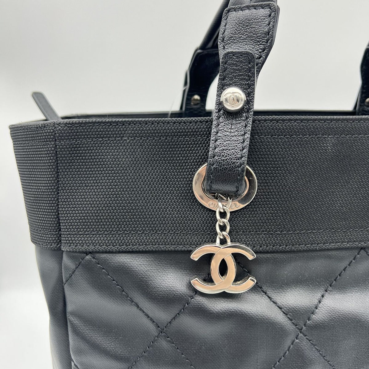 Chanel Paris Biarritz Tote MM 2-Way Nylon Leather Black Silver — view 6