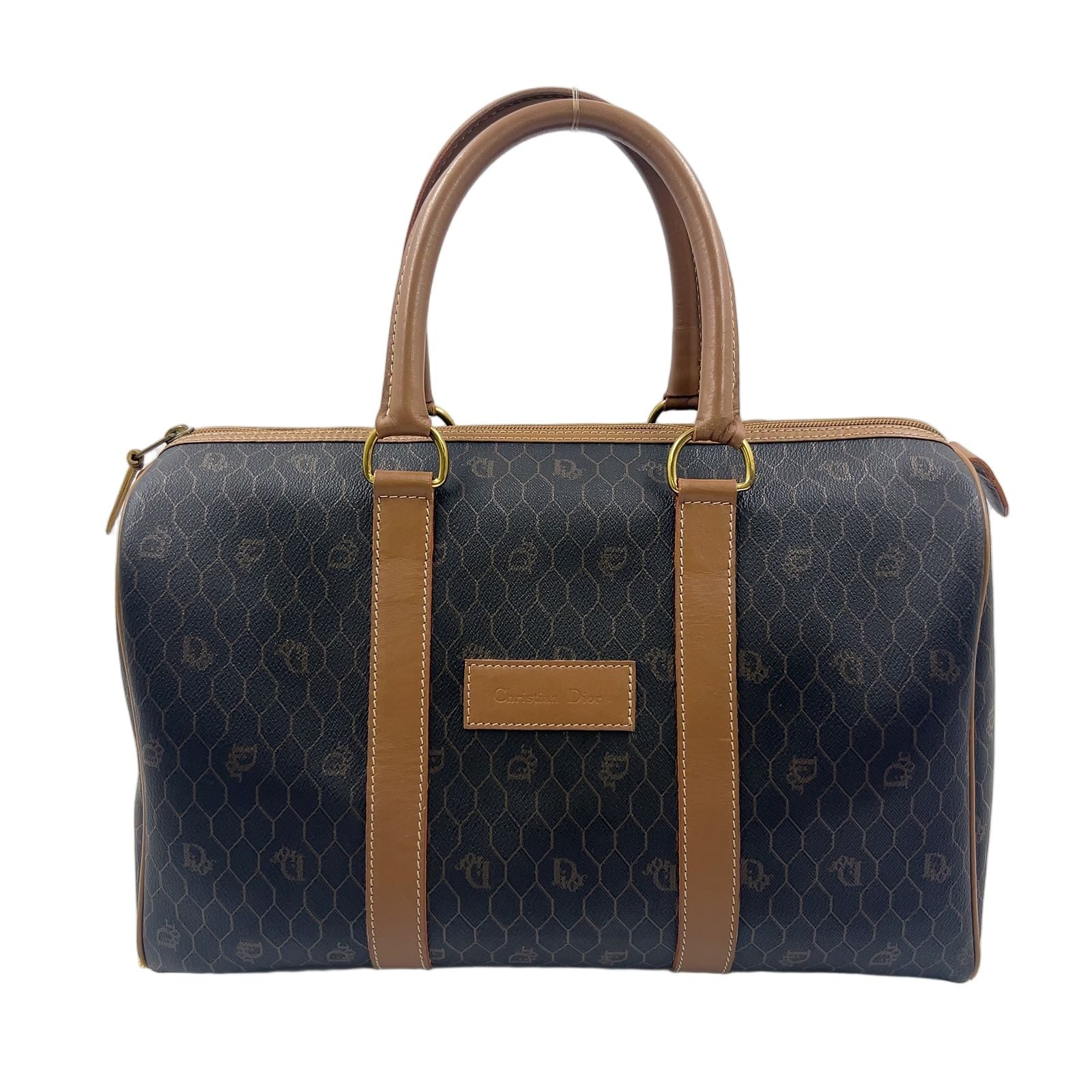 Dior Honeycomb Pattern Leather Brown Black Boston Bag Gold