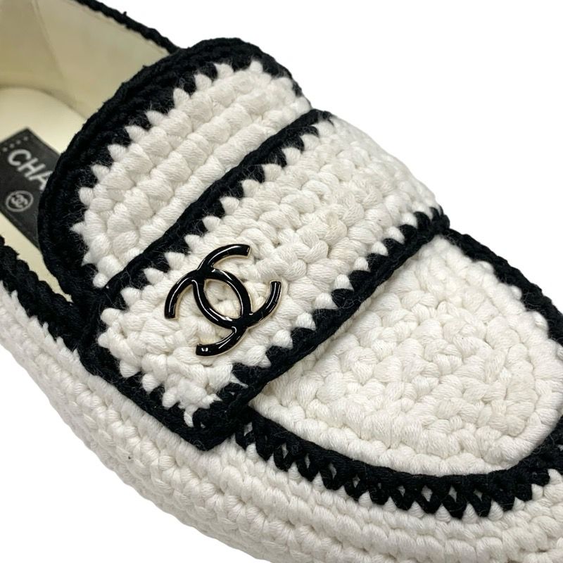 Chanel Flat Shoes Fabric White Black Here Mark Braided