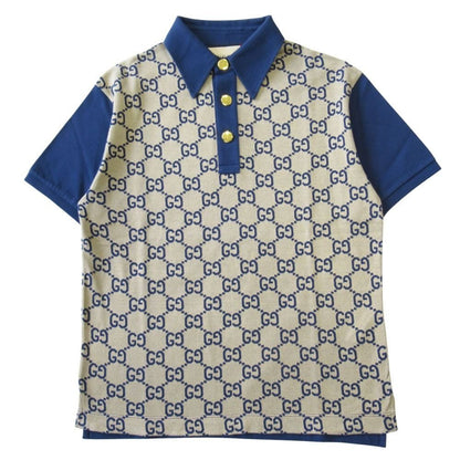 Gucci Maxi GG Polo Shirt Top Short Sleeve Gold Button XS Navy Beige