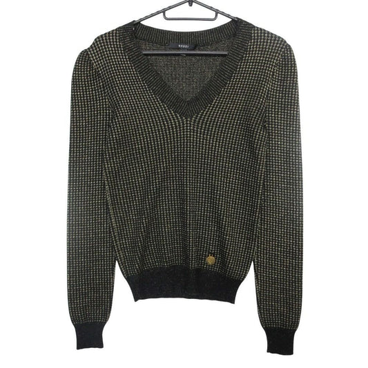 Gucci Logo Plate Jacquard Knit Sweater Pullover Top Long Sleeve Black Gold XS