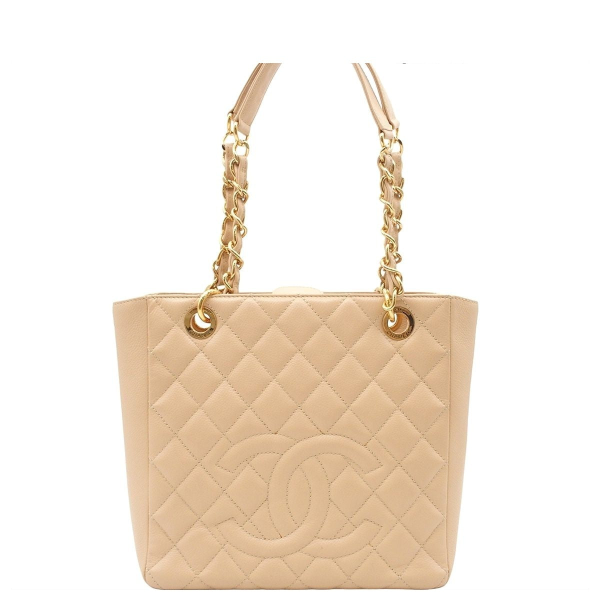 Chanel Chain Tote Bag Petite Shopping PST Quilted Beige Gold Caviar Leather