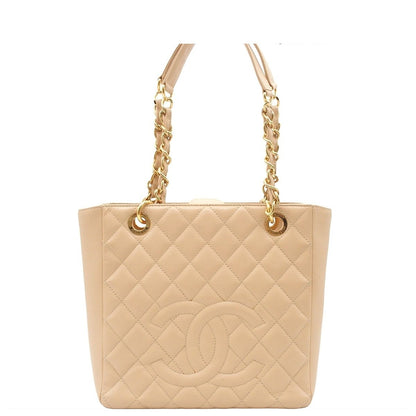 Chanel Chain Tote Bag Petite Shopping PST Quilted Beige Gold Caviar Leather