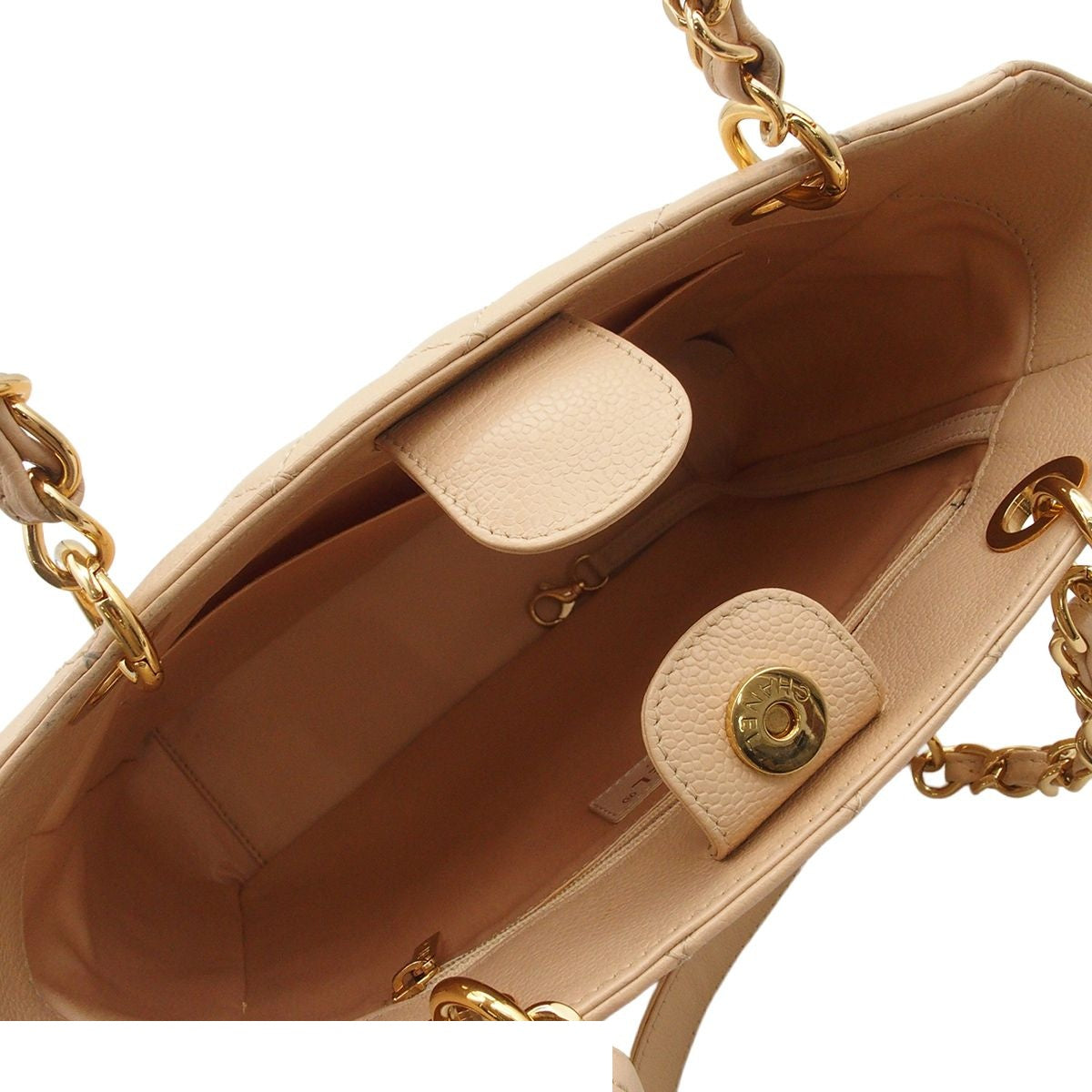Chanel Chain Tote Bag Petite Shopping PST Quilted Beige Gold Caviar Leather — view 5