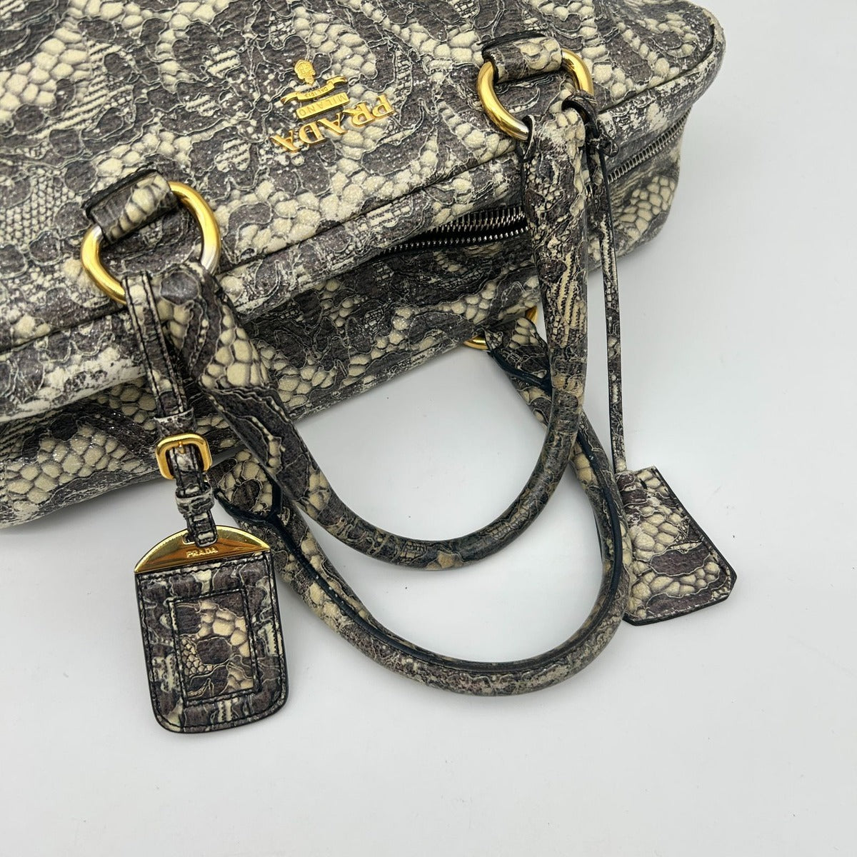Prada Boston Bag Gray Lace Pattern — view 5