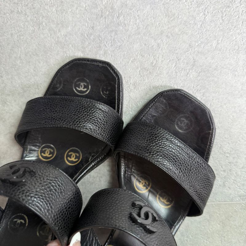 Chanel Coco Mark Caviar Skin Sandals Black Leather 36 23cm (9.06in) Mules