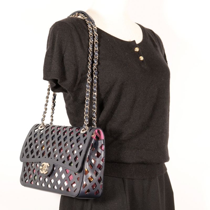 Chanel Chain Shoulder Perforated As2376 Calf Navy Blue Ladies Shoulder Bag