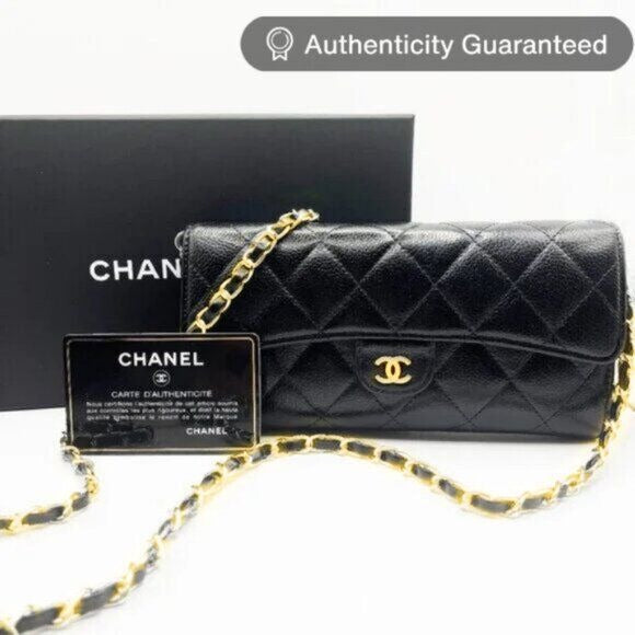 CHANEL CC Classic Caviar Flap Wallet Quilted Leather Chain Purse Black