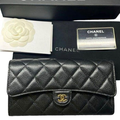 CHANEL CC Classic Caviar Flap Wallet Quilted Leather Chain Purse Black