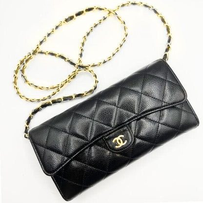 CHANEL CC Classic Caviar Flap Wallet Quilted Leather Chain Purse Black