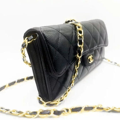 CHANEL CC Classic Caviar Flap Wallet Quilted Leather Chain Purse Black