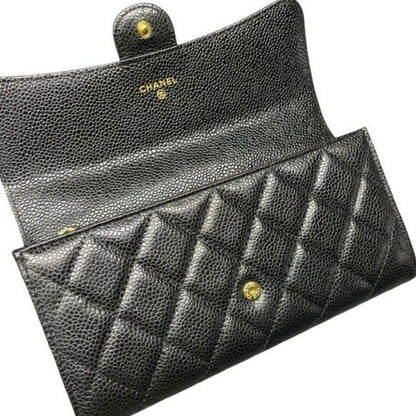 CHANEL CC Classic Caviar Flap Wallet Quilted Leather Chain Purse Black