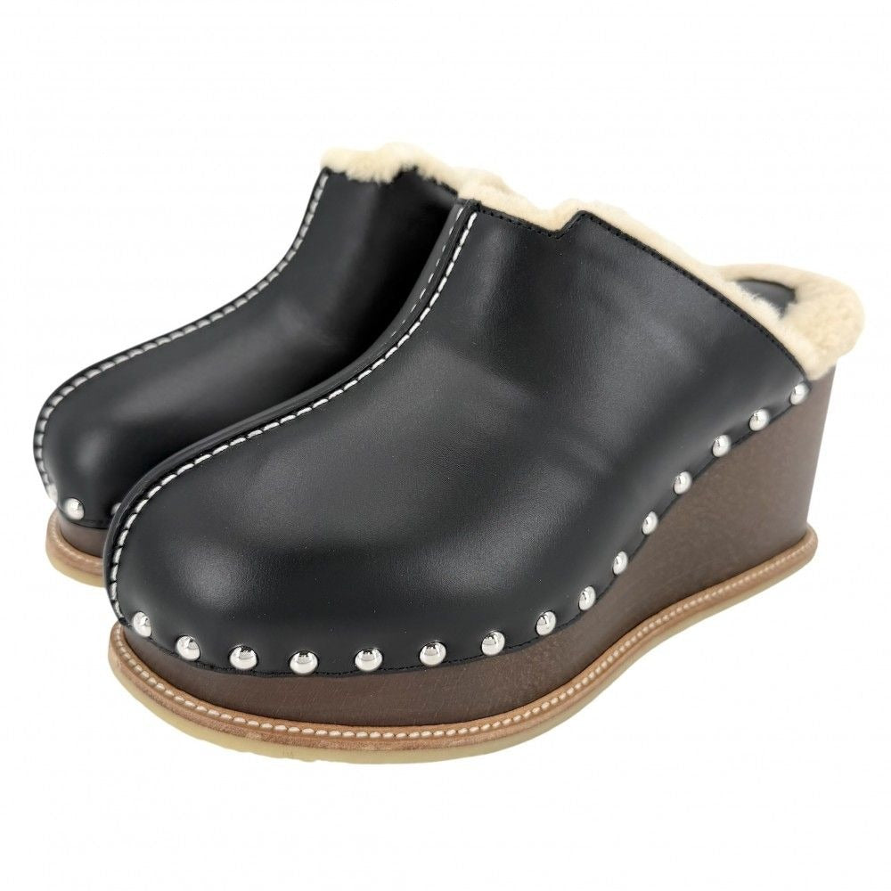 Hermes Sandals Earth Sabot Wedge Sole Studded Shoes 36 Brown X Black Beige