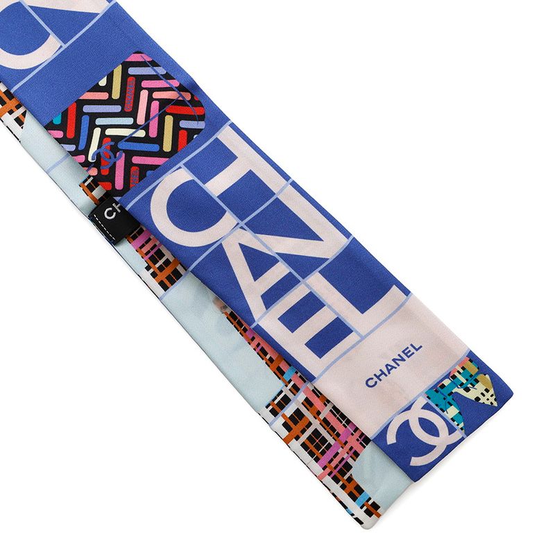 Chanel Scarf Logo CC Silk Blue Pink Multicolor