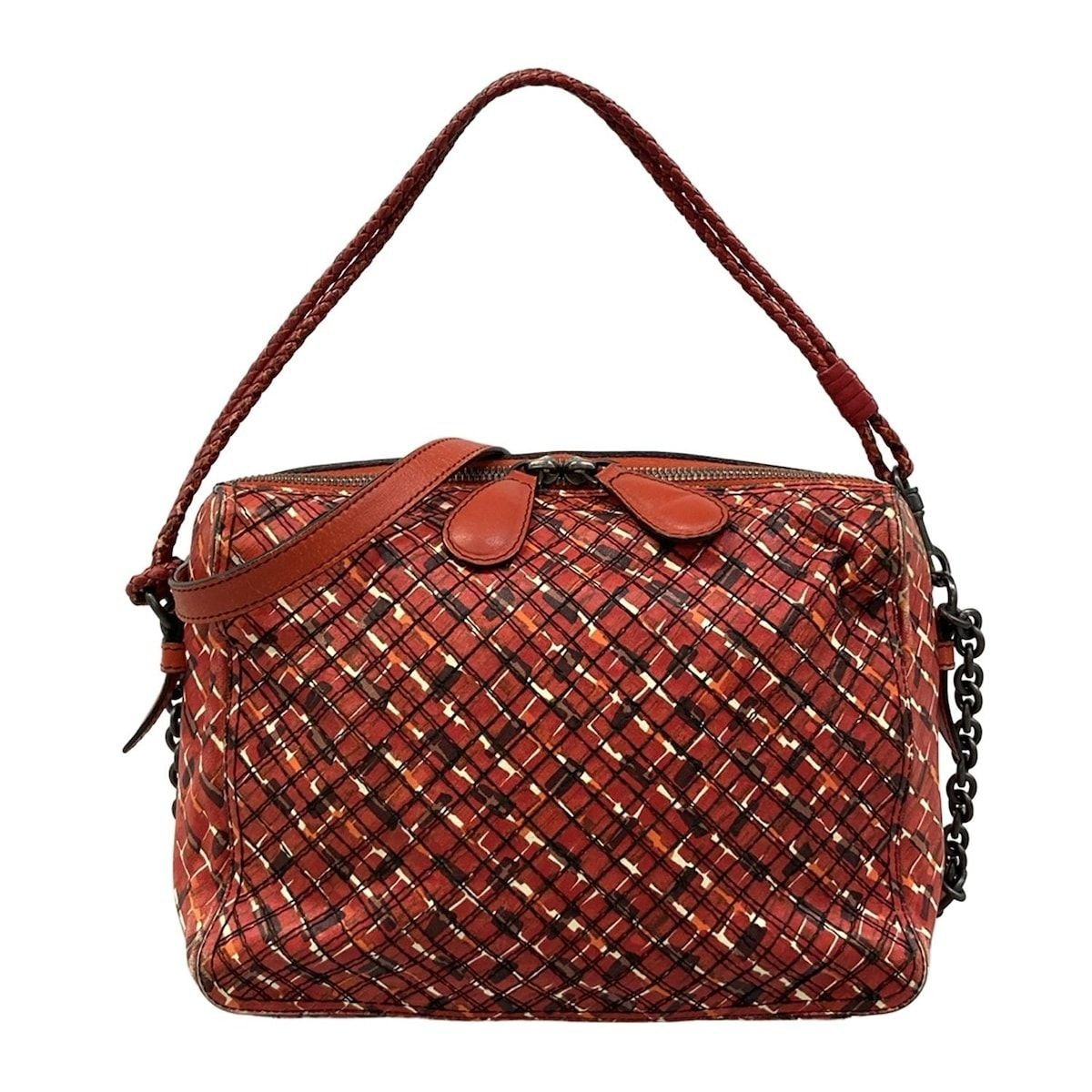 Bottega Veneta Shoulder Bag Red Dark Brown Multi Chain Stitch Leather