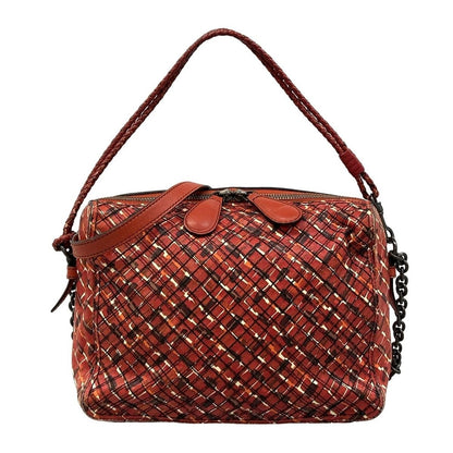 Bottega Veneta Shoulder Bag Red Dark Brown Multi Chain Stitch Leather