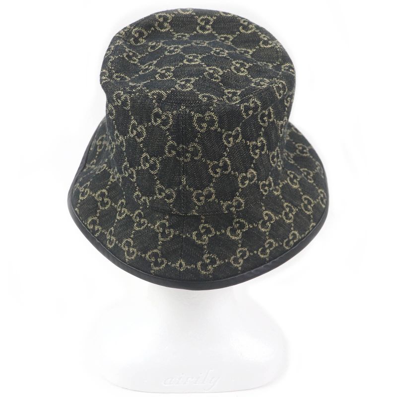Gucci 576371 Cotton GG Logo Allover Leather Piping Denim Bucket Hat Black L