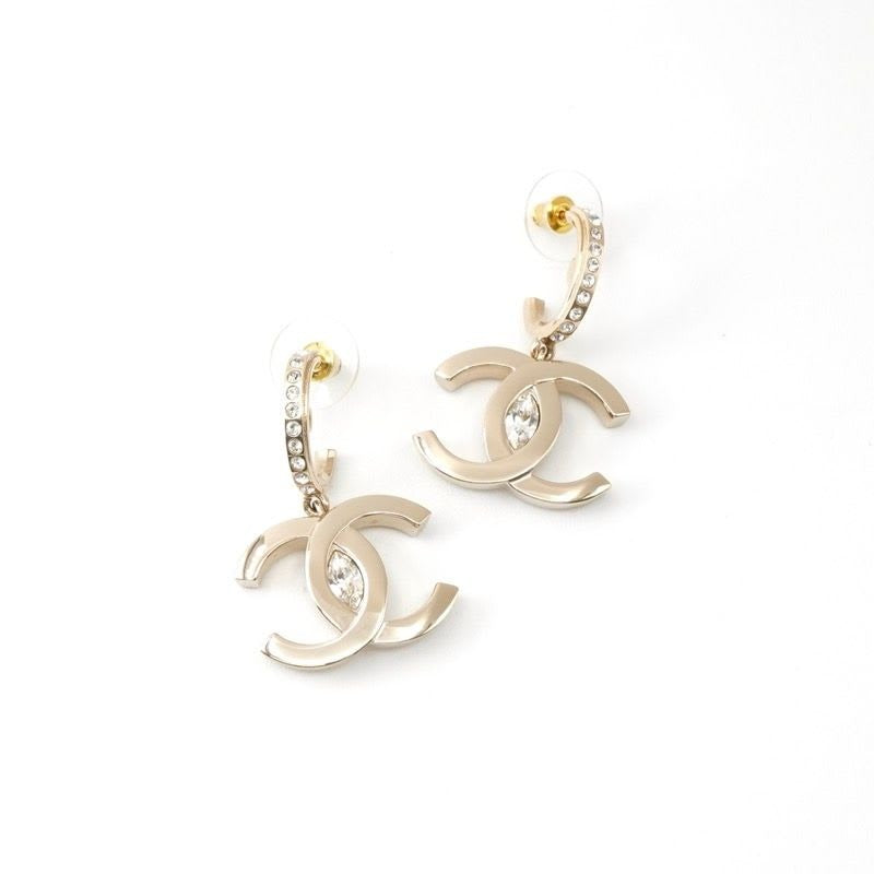Chanel Earrings Gold Coco Mark Rhinestone Half Hoop
