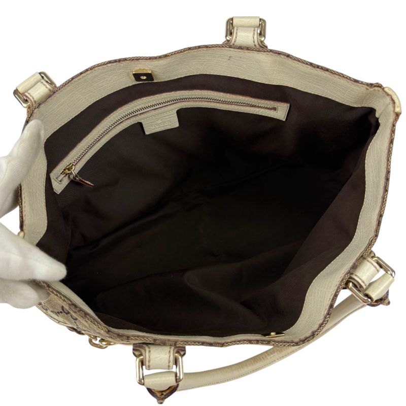 Gucci Tote Bag Hustler Bit Horsebit GG Canvas White Brown Leather Shoulder