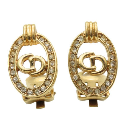 Christian Dior Earrings CD Logo Metal Rhinestone Gold Plated GP Accessories