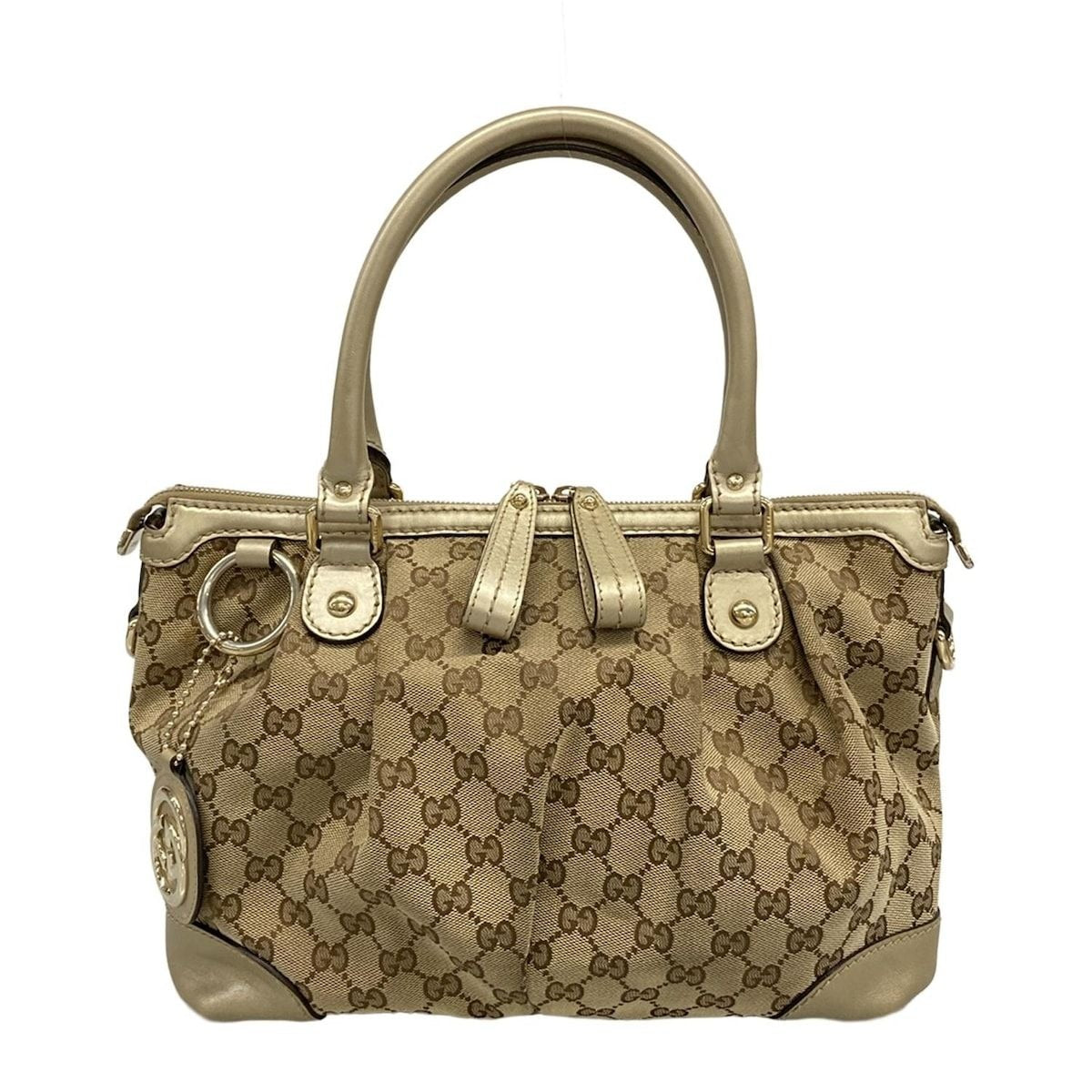 Gucci Handbag Ski GG Pattern Gold Beige Dark Brown Leather X