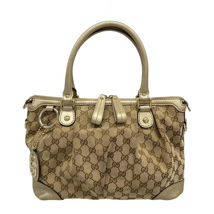 Gucci Handbag Ski GG Pattern Gold Beige Dark Brown Leather X
