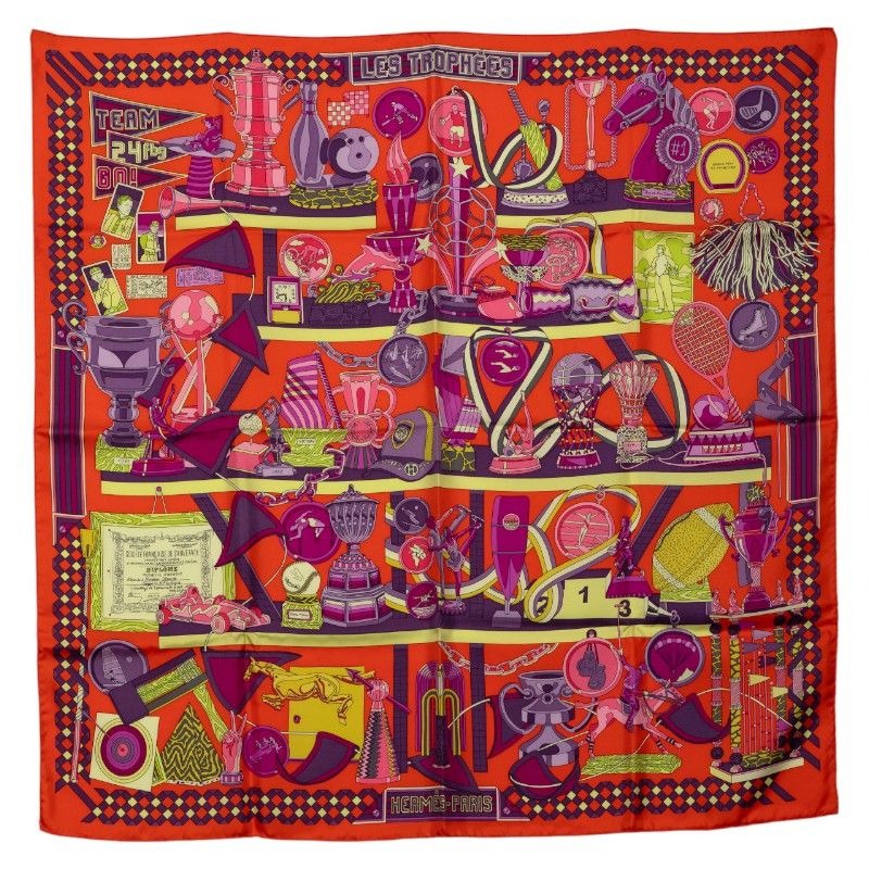 Hermes Carre 90 les Trophees Orange Multicolor Silk