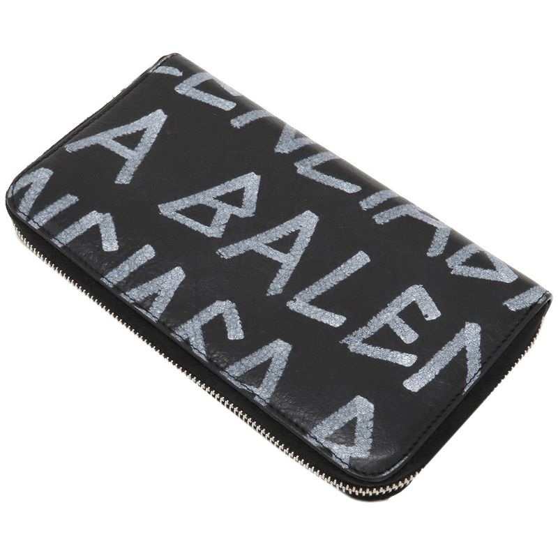 Balenciaga Long Wallet Round Zipper Graffiti Leather Black Silver Hardware