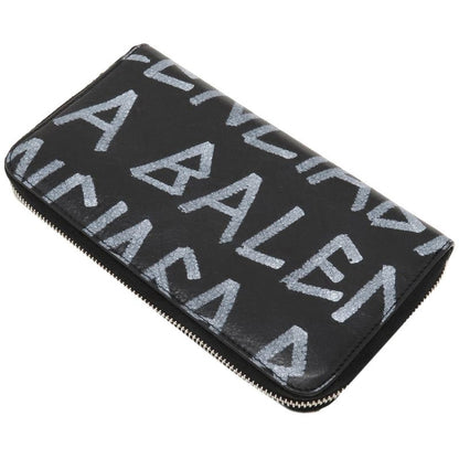 Balenciaga Long Wallet Round Zipper Graffiti Leather Black Silver Hardware