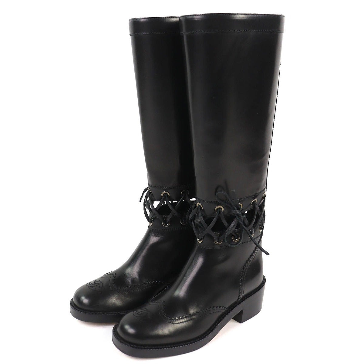 Chanel CC Logo Lace Up Cut Replacement Back Zip Leather Long Boots