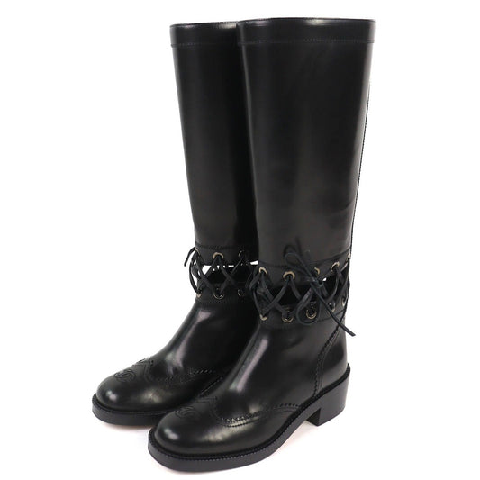 Chanel CC Logo Lace Up Cut Replacement Back Zip Leather Long Boots
