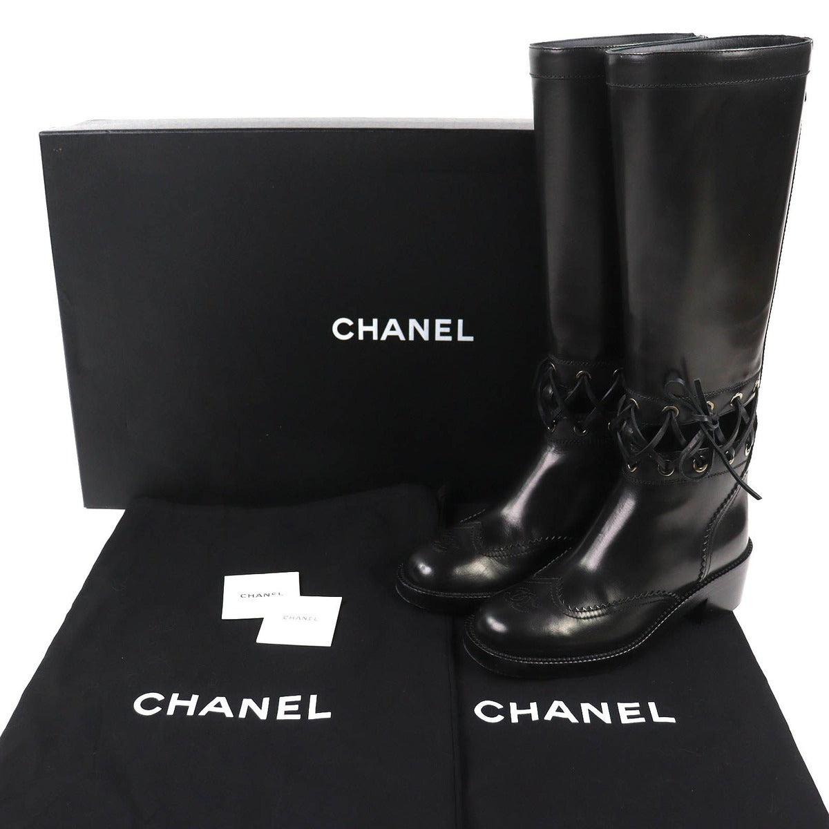 Chanel CC Logo Lace Up Cut Replacement Back Zip Leather Long Boots — view 2