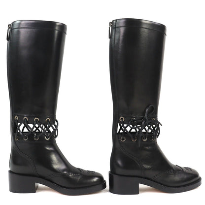 Chanel CC Logo Lace Up Cut Replacement Back Zip Leather Long Boots — view 4