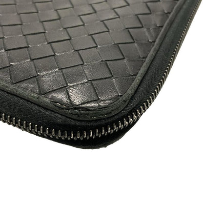 Bottega Veneta Long Zip Around Wallet 114076 Black Braided/round Zipper Leather