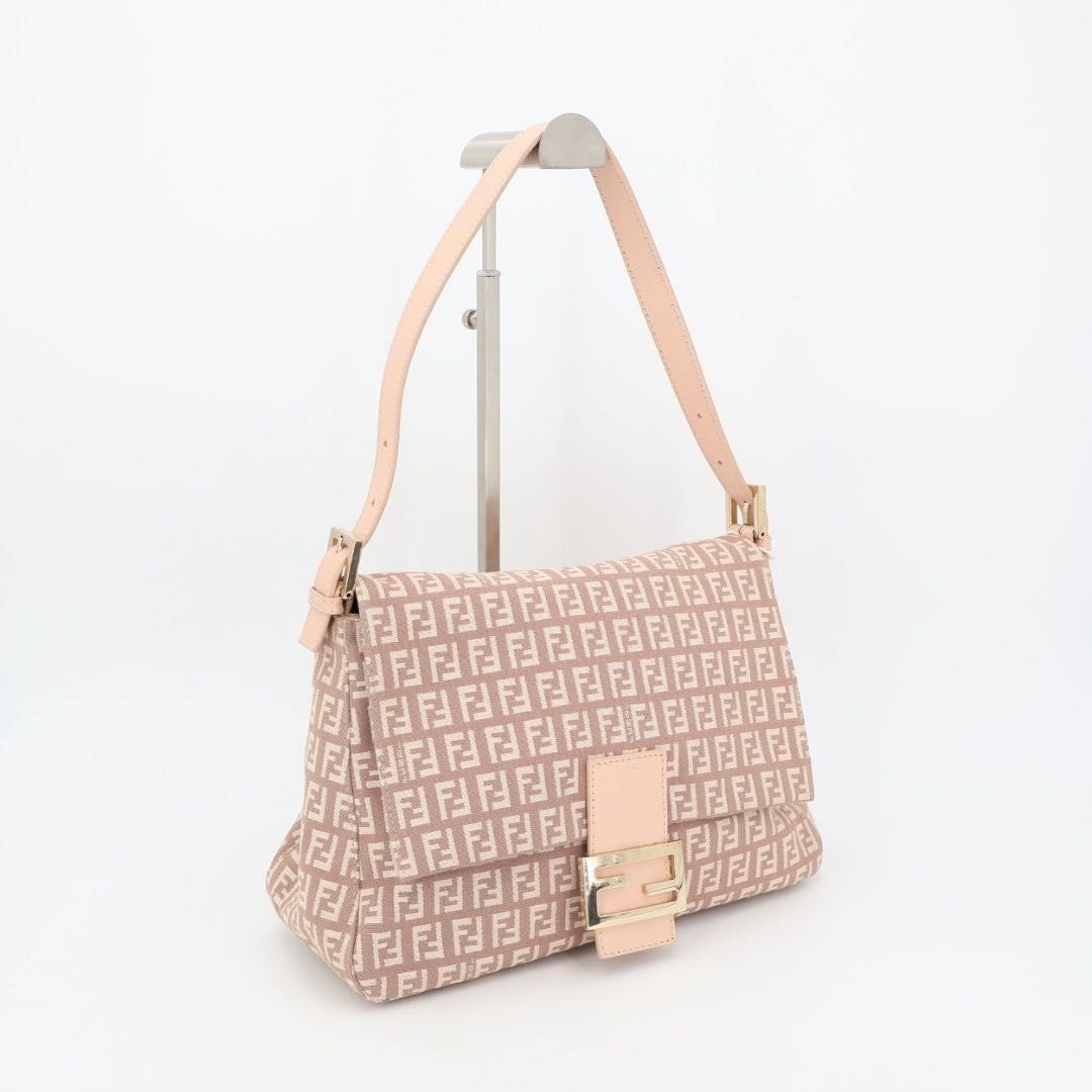 Fendi Zucchino Mamma Bucket Canvas Leather Shoulder Bag