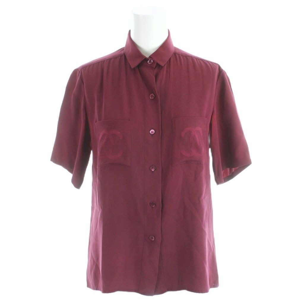 Chanel Creations Paris Vintage Shirt Blouse Short Sleeve CC Logo 8 Red Gold