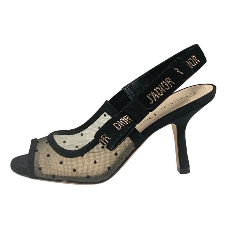 Christian DIOR Jadior Sandals Shoes Mesh Suede Black Rhinestone Dot Ring Back