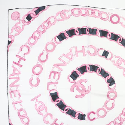CHANEL 100% Silk Coco Mark Chain Belt Pattern Scarf White Pink With Box Made In