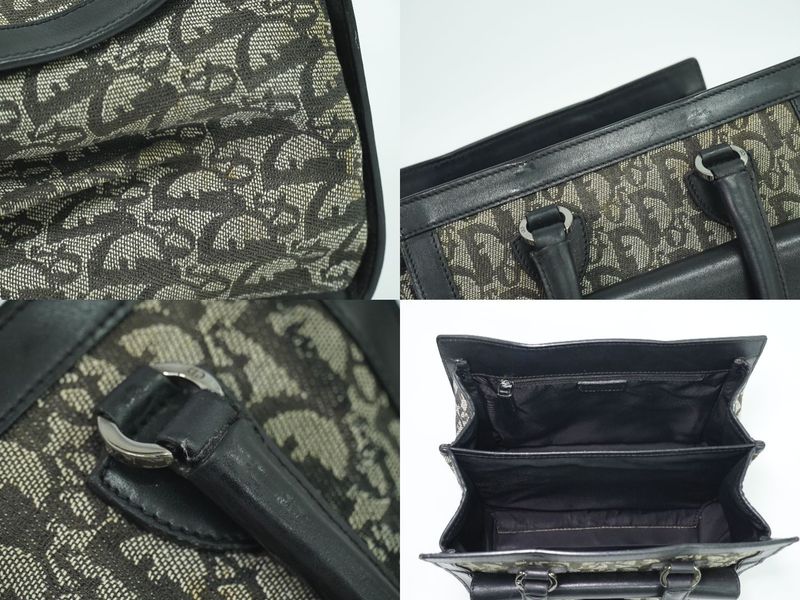 Authentic Christian DIOR Trotter Handbag Canvas Leather Gray Black Trotter Bag