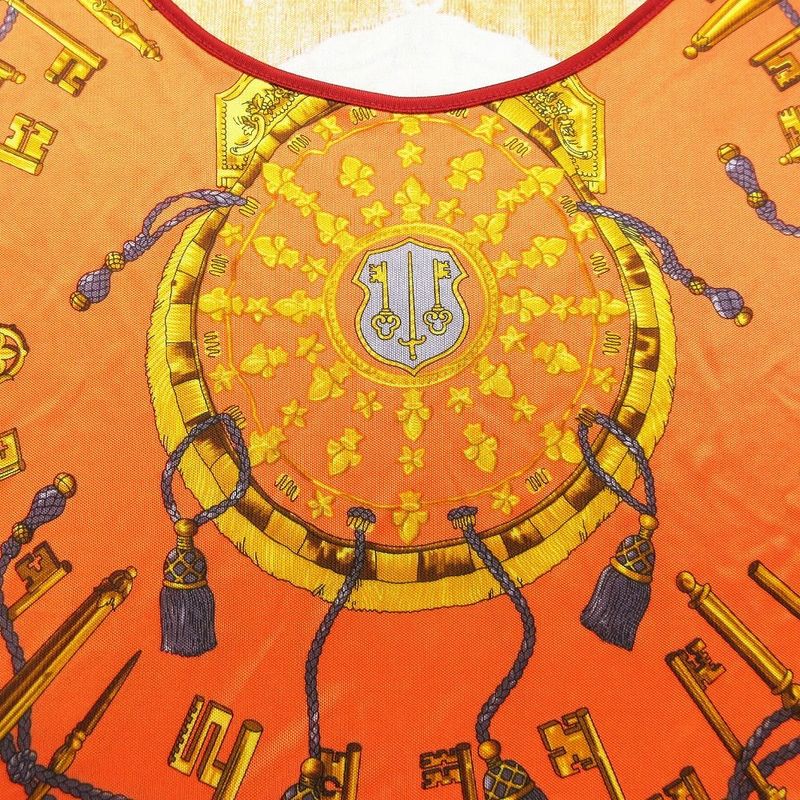 Hermes Les Cles Key Pattern Short Sleeve T-Shirt U-Neck Top Women's Orange Size