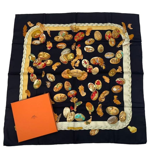 Hermes Carre 90 100% Silk Scarf Couvee D' Egg Black Box