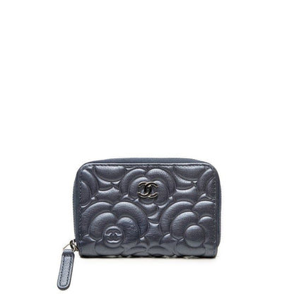 Chanel Camellia CC Logo Coin Purse Purple Navy Leather