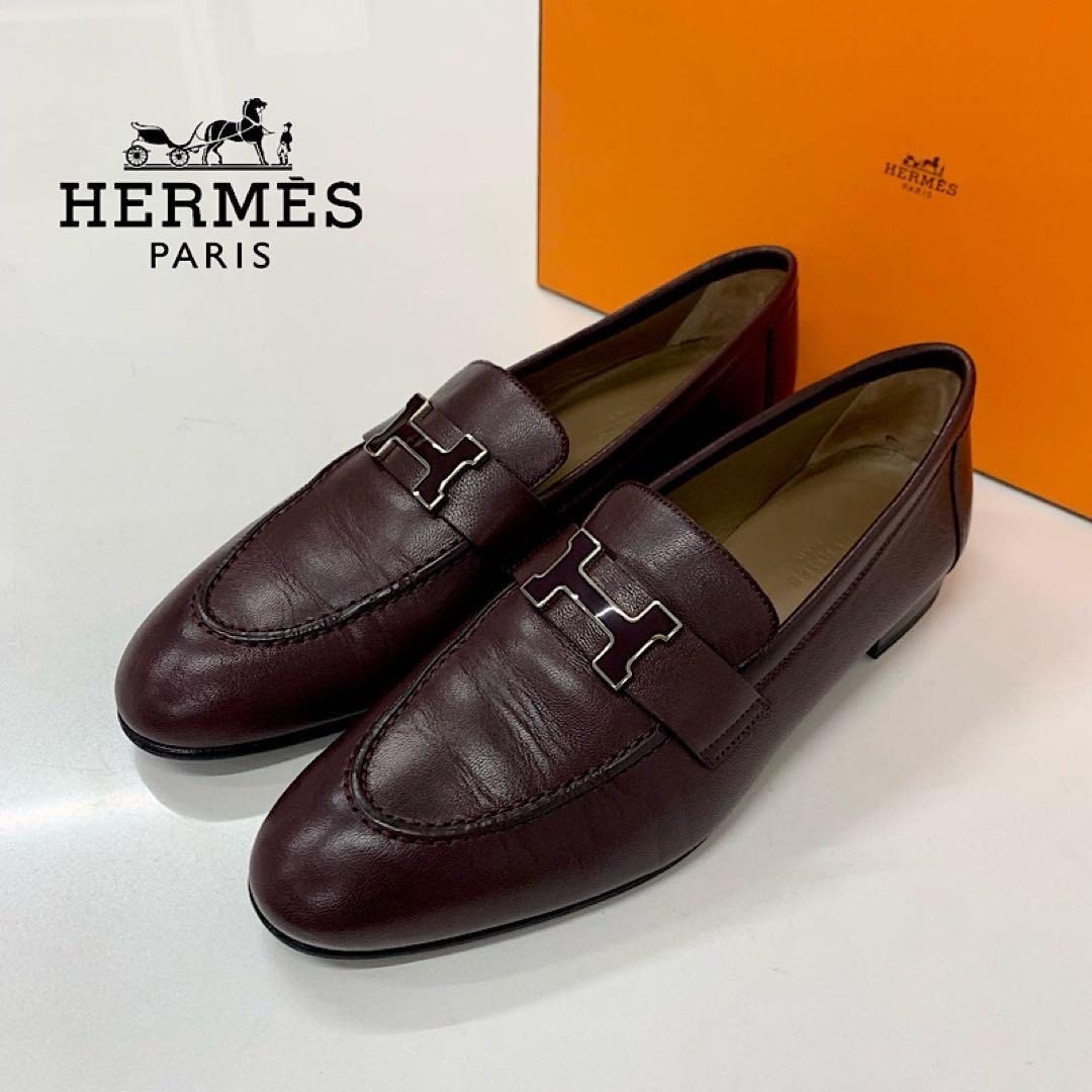 Hermes Paris Hhardware Leather Loafers Burgundy Sneaker