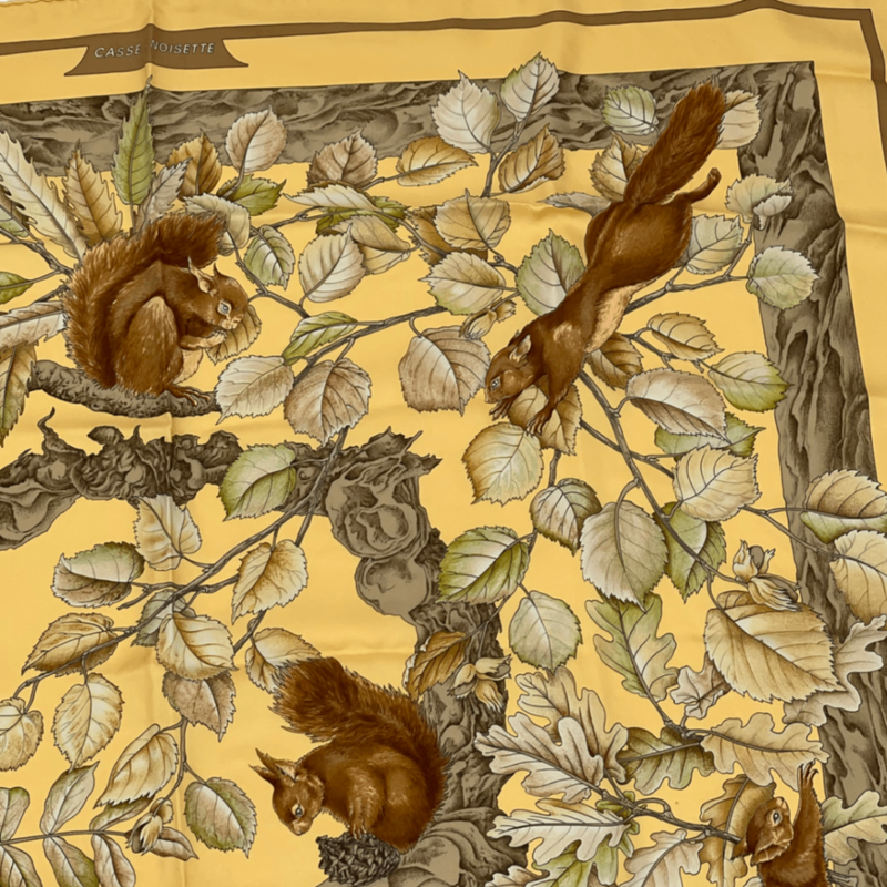 Hermes Carre 90 Casse Noisette Nutcracker Squirrel Pattern Nuts Scarf Silk