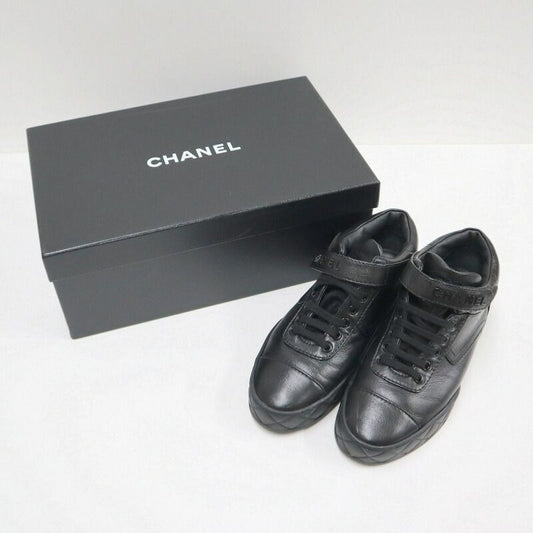 Chanel High Cut Sneakers Shoelace Type Leather Black 37